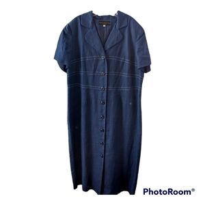 VTG Kelly Graham blue w/ white accents lined button up career dress, size 18 EUC